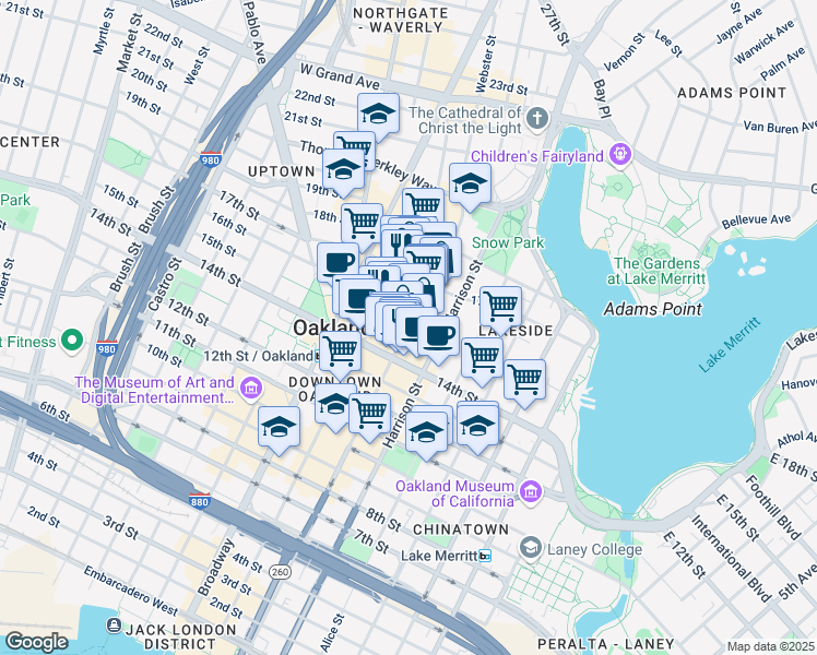 map of restaurants, bars, coffee shops, grocery stores, and more near Webster St & 15th St in Oakland