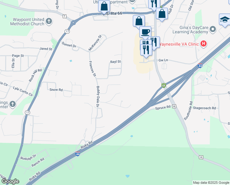 map of restaurants, bars, coffee shops, grocery stores, and more near 109 Lasalle in Waynesville