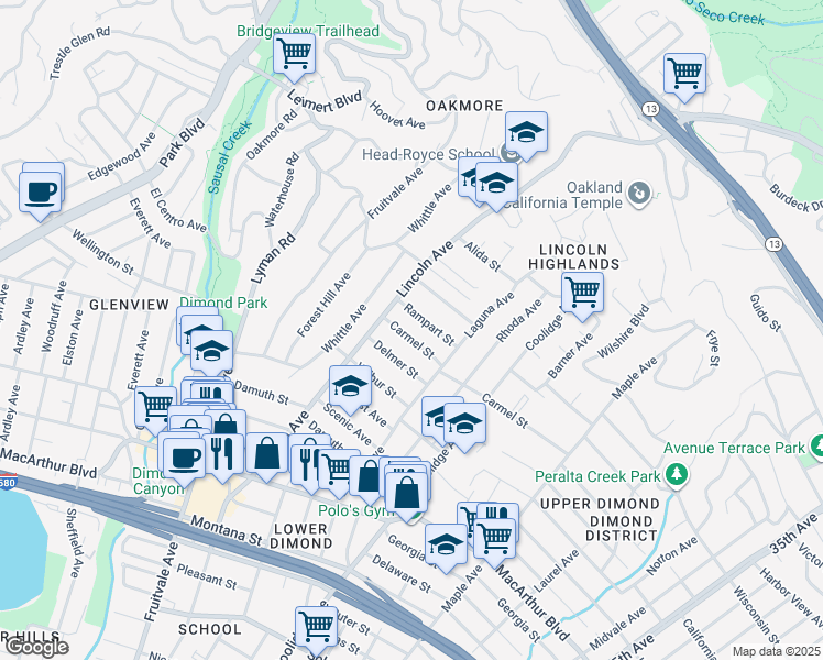 map of restaurants, bars, coffee shops, grocery stores, and more near 2432 Carmel Street in Oakland