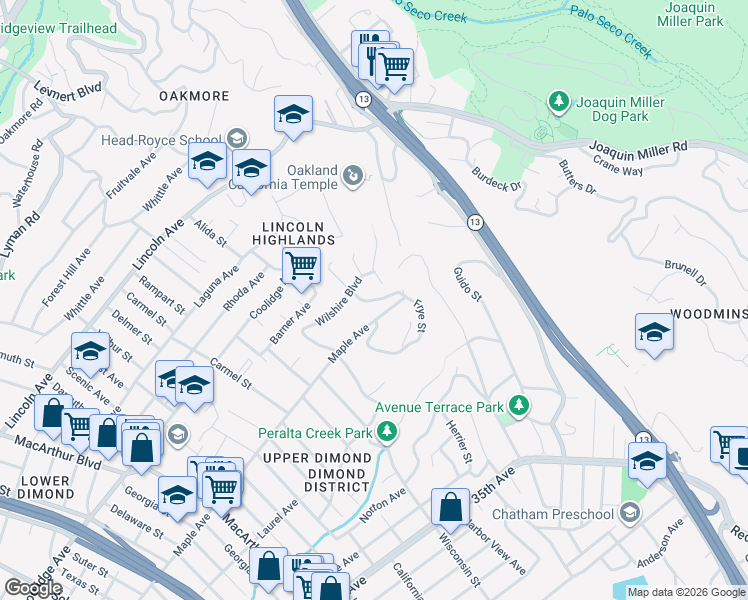map of restaurants, bars, coffee shops, grocery stores, and more near Frye Street in Oakland