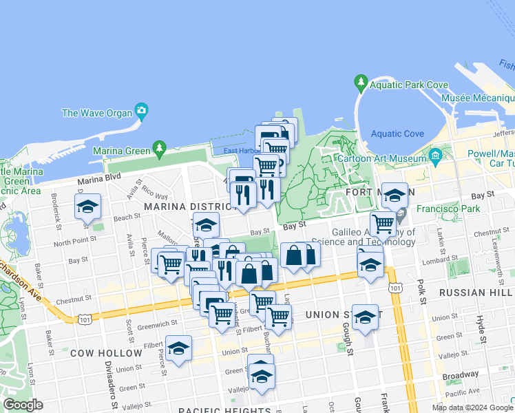 map of restaurants, bars, coffee shops, grocery stores, and more near 15 Marina Boulevard in San Francisco