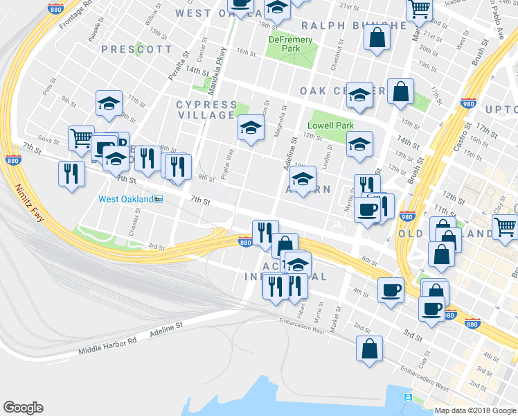 map of restaurants, bars, coffee shops, grocery stores, and more near 1171 8th Street in Oakland