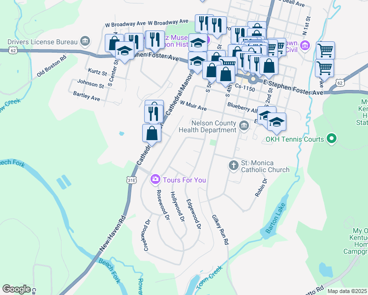 map of restaurants, bars, coffee shops, grocery stores, and more near 101 Rosewood Drive in Bardstown