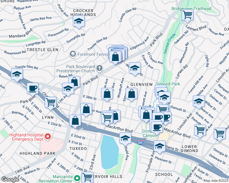 map of restaurants, bars, coffee shops, grocery stores, and more near 3926 Ardley Avenue in Oakland