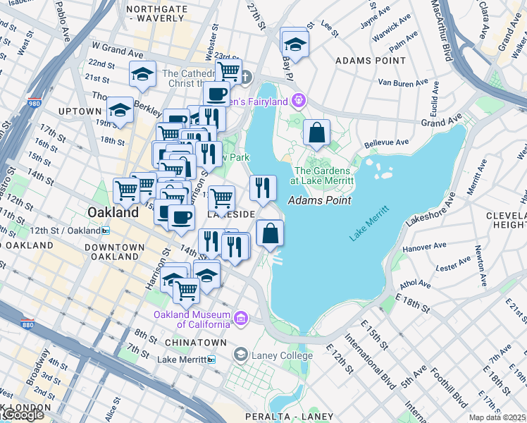 map of restaurants, bars, coffee shops, grocery stores, and more near in Oakland