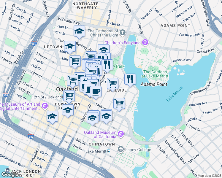 map of restaurants, bars, coffee shops, grocery stores, and more near 1546 Alice Street in Oakland