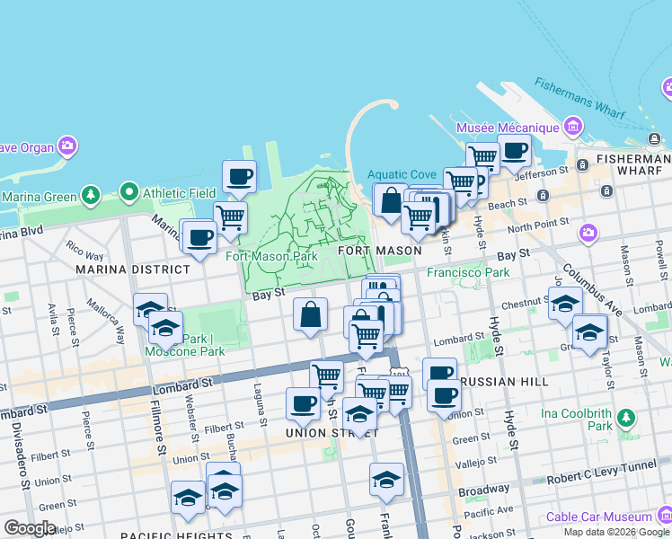 map of restaurants, bars, coffee shops, grocery stores, and more near 42 Fort Mason in San Francisco