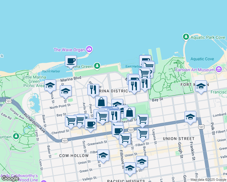 map of restaurants, bars, coffee shops, grocery stores, and more near 1631 Beach Street in San Francisco