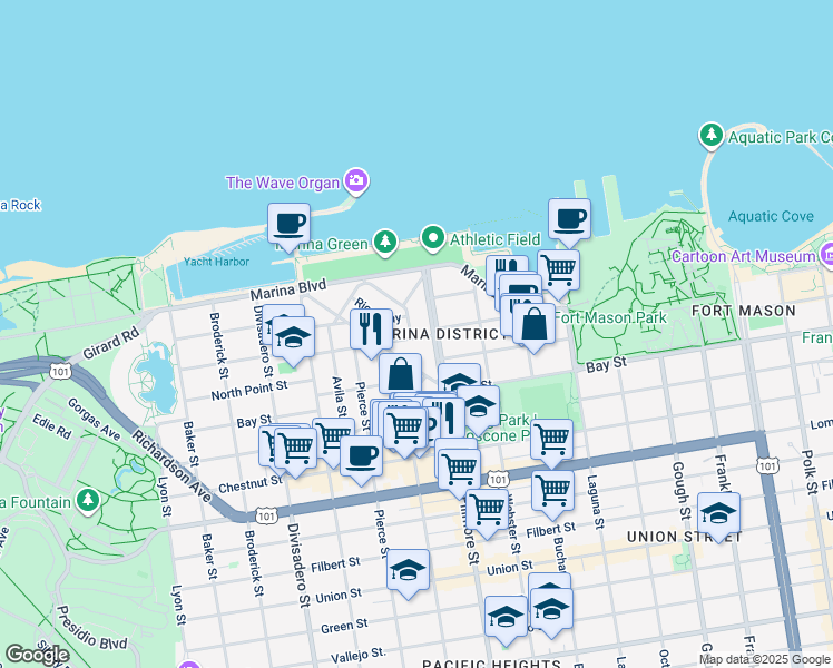 map of restaurants, bars, coffee shops, grocery stores, and more near in San Francisco