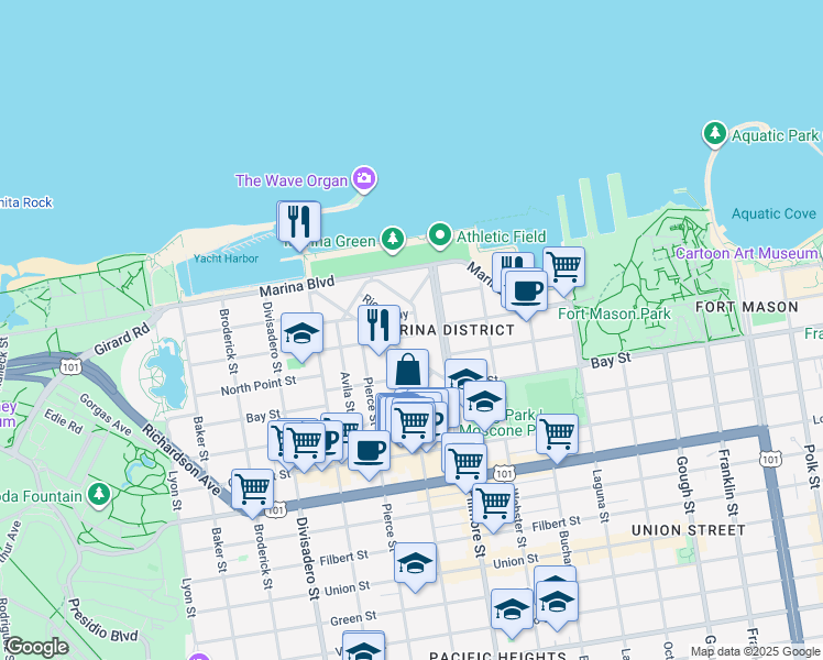 map of restaurants, bars, coffee shops, grocery stores, and more near 1780 Beach Street in San Francisco