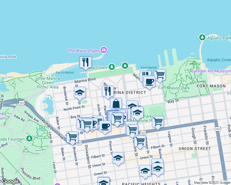 map of restaurants, bars, coffee shops, grocery stores, and more near 1780 Beach Street in San Francisco