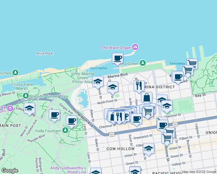 map of restaurants, bars, coffee shops, grocery stores, and more near 1895 Jefferson Street in San Francisco
