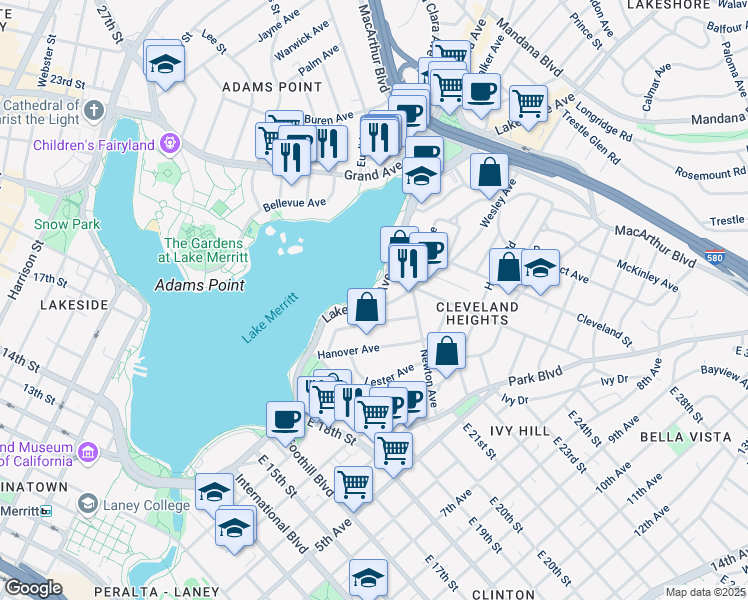 map of restaurants, bars, coffee shops, grocery stores, and more near 2099 Lakeshore Avenue in Oakland
