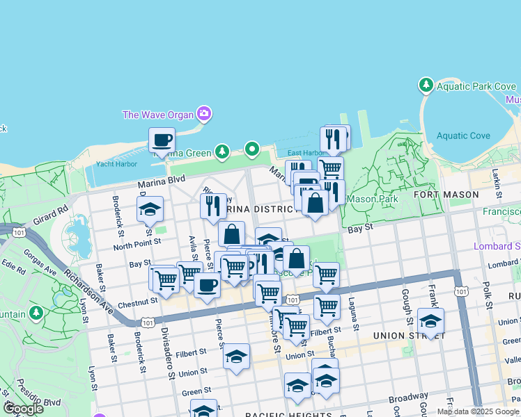 map of restaurants, bars, coffee shops, grocery stores, and more near 1631 Beach Street in San Francisco