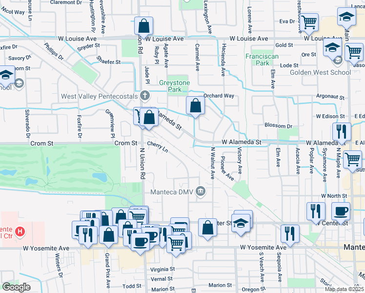 map of restaurants, bars, coffee shops, grocery stores, and more near 459 North Walnut Avenue in Manteca