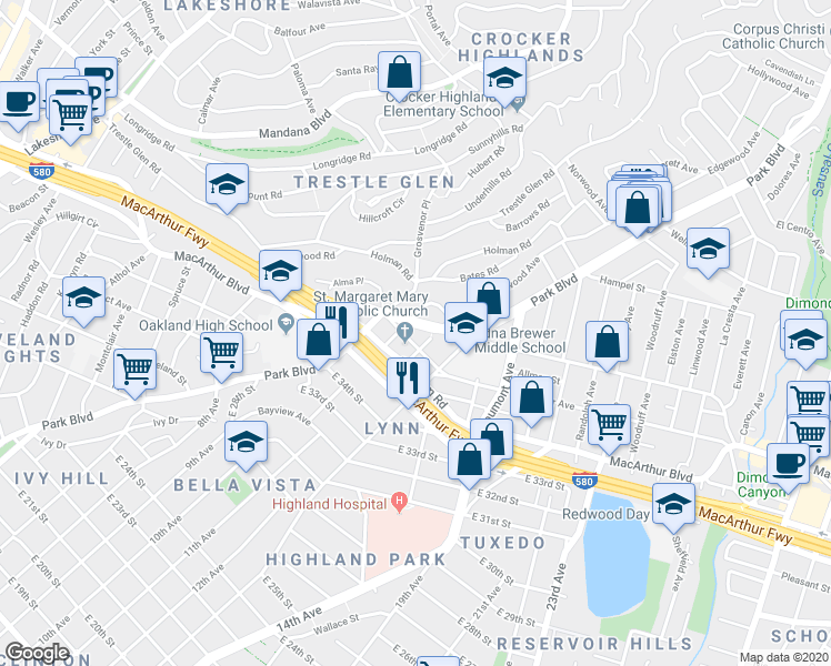 map of restaurants, bars, coffee shops, grocery stores, and more near 1218 Excelsior Avenue in Oakland