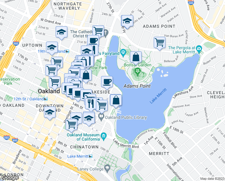 map of restaurants, bars, coffee shops, grocery stores, and more near 1800 Madison Street in Oakland