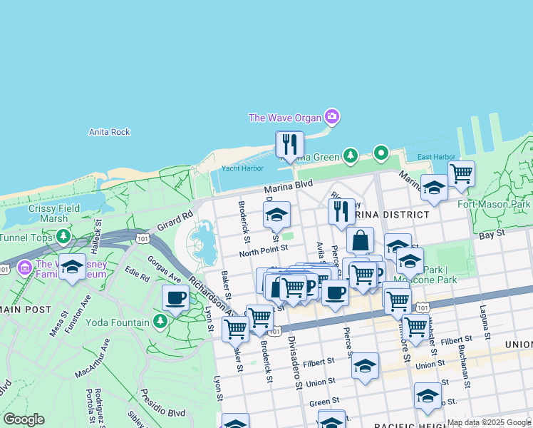 map of restaurants, bars, coffee shops, grocery stores, and more near 1921 Jefferson Street in San Francisco