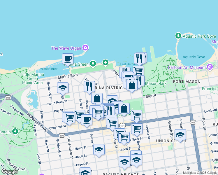 map of restaurants, bars, coffee shops, grocery stores, and more near 1631 Beach Street in San Francisco
