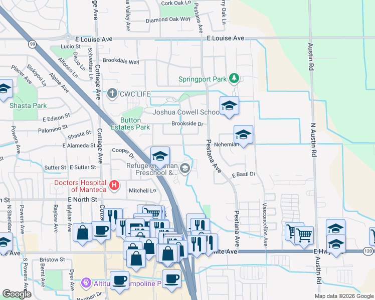 map of restaurants, bars, coffee shops, grocery stores, and more near 1730 Nehemiah Dr in Manteca