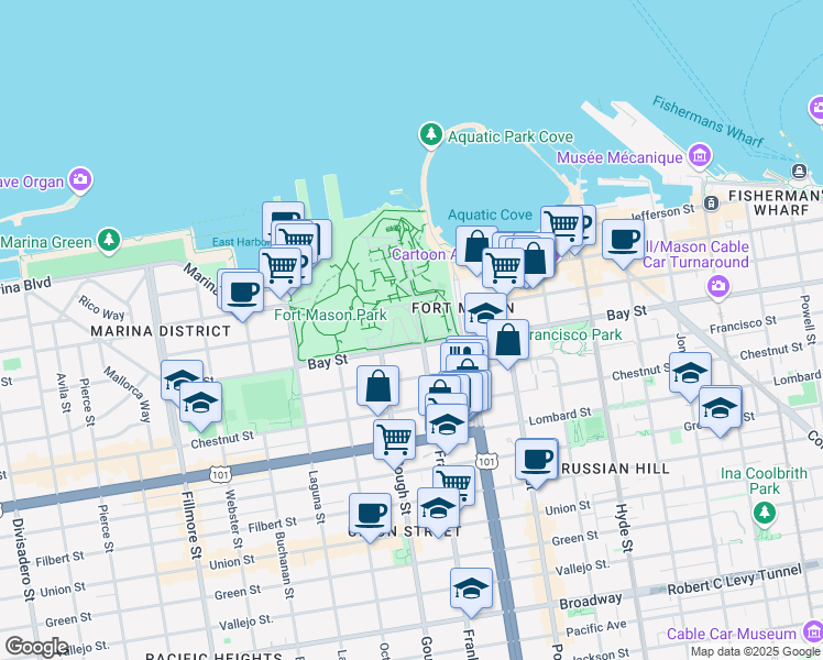map of restaurants, bars, coffee shops, grocery stores, and more near 42 Fort Mason in San Francisco