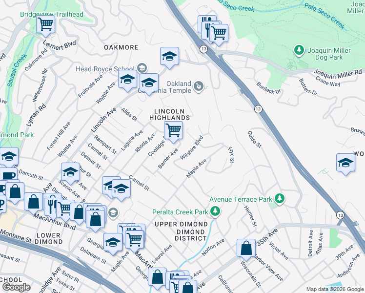 map of restaurants, bars, coffee shops, grocery stores, and more near 4160 Barner Avenue in Oakland