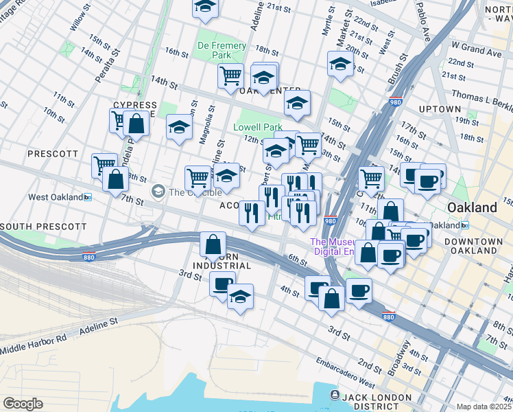 map of restaurants, bars, coffee shops, grocery stores, and more near 801 Filbert Street in Oakland