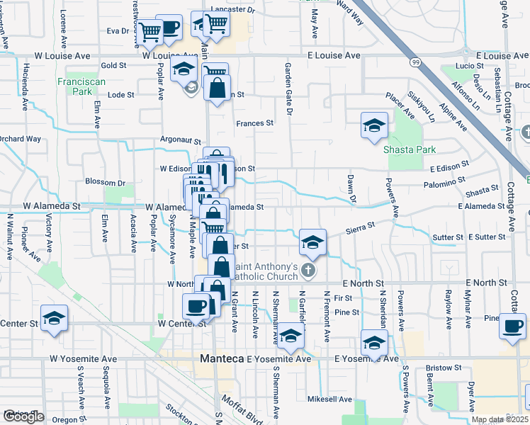 map of restaurants, bars, coffee shops, grocery stores, and more near 316 E Alameda St in Manteca