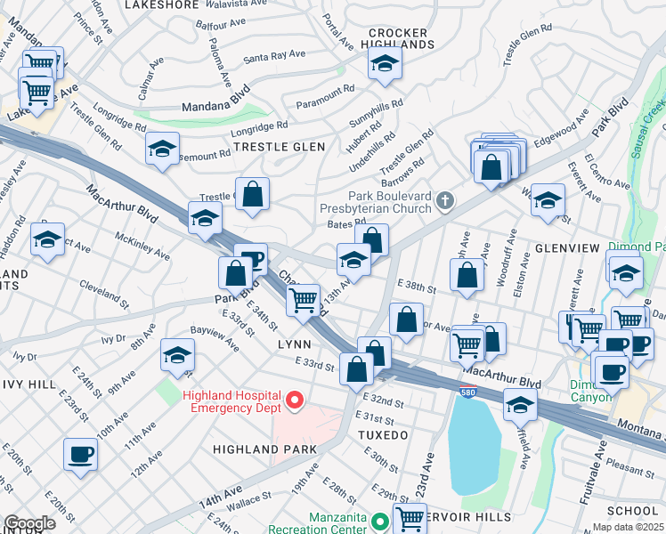 map of restaurants, bars, coffee shops, grocery stores, and more near 3746 Park Boulevard in Oakland