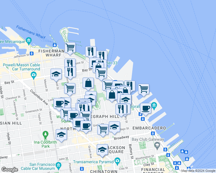 map of restaurants, bars, coffee shops, grocery stores, and more near in San Francisco