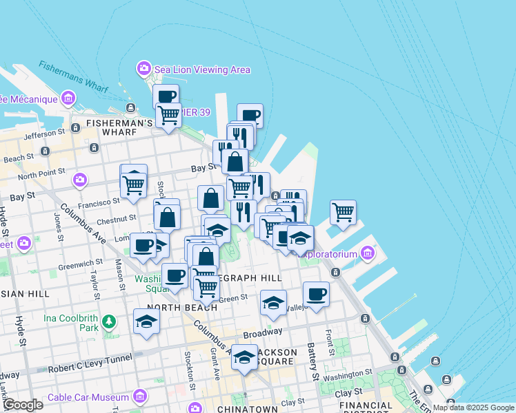 map of restaurants, bars, coffee shops, grocery stores, and more near 152 Lombard Street in San Francisco