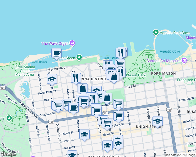 map of restaurants, bars, coffee shops, grocery stores, and more near 1631 Beach Street in San Francisco