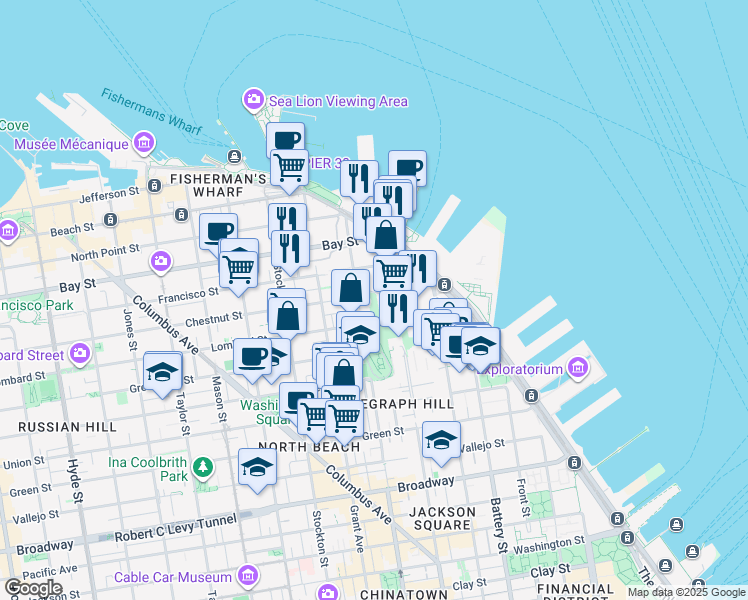 map of restaurants, bars, coffee shops, grocery stores, and more near 151 Chestnut Street in San Francisco