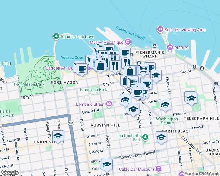 map of restaurants, bars, coffee shops, grocery stores, and more near 2523 Leavenworth Street in San Francisco