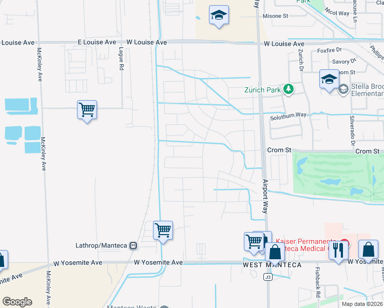 map of restaurants, bars, coffee shops, grocery stores, and more near 511 North Airport Way in Manteca