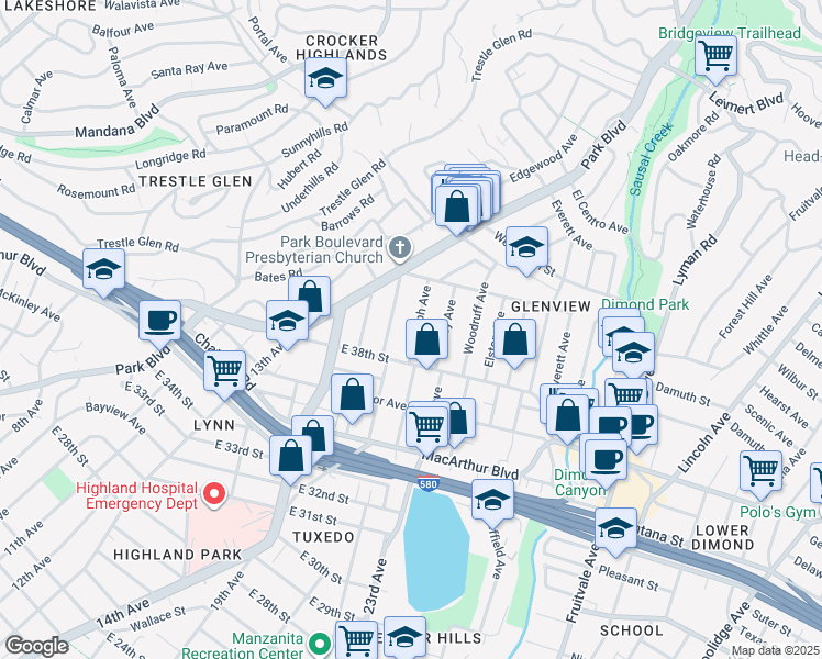 map of restaurants, bars, coffee shops, grocery stores, and more near 3855 Randolph Avenue in Oakland