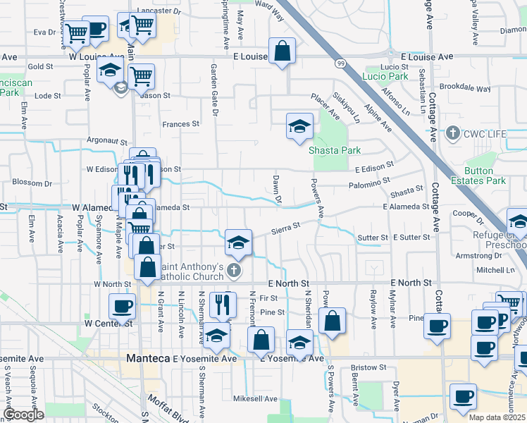 map of restaurants, bars, coffee shops, grocery stores, and more near 440 Orange Court in Manteca