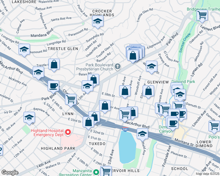 map of restaurants, bars, coffee shops, grocery stores, and more near 3838 Brighton Avenue in Oakland