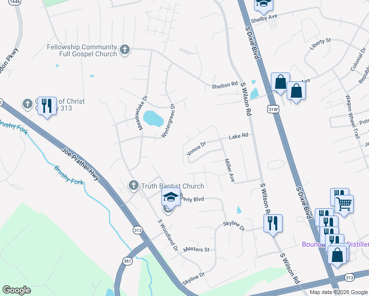 map of restaurants, bars, coffee shops, grocery stores, and more near 2583 Vonoa Drive in Radcliff