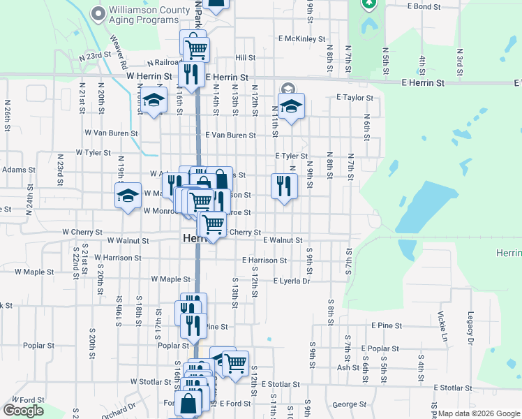 map of restaurants, bars, coffee shops, grocery stores, and more near 403 East Monroe Street in Herrin