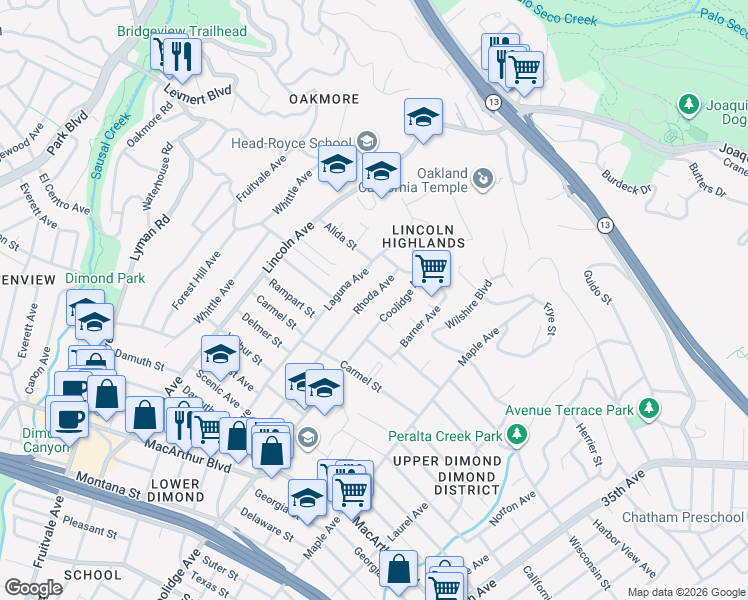 map of restaurants, bars, coffee shops, grocery stores, and more near 4034 Rhoda Avenue in Oakland