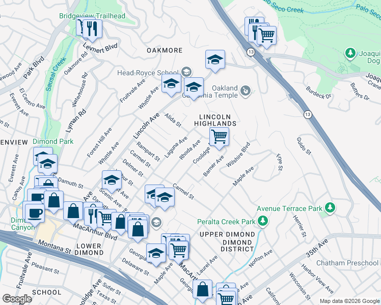 map of restaurants, bars, coffee shops, grocery stores, and more near 4034 Rhoda Avenue in Oakland