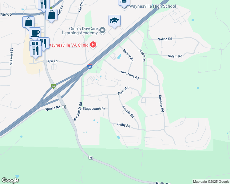 map of restaurants, bars, coffee shops, grocery stores, and more near 20225 Steer Road in Waynesville