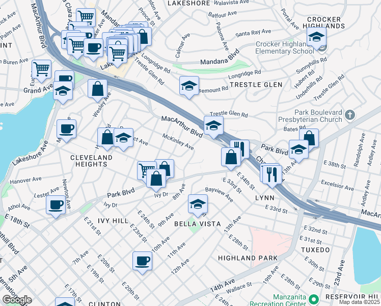 map of restaurants, bars, coffee shops, grocery stores, and more near in Oakland
