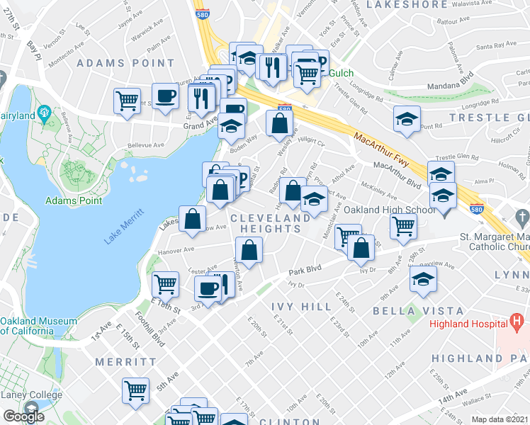 map of restaurants, bars, coffee shops, grocery stores, and more near in Oakland
