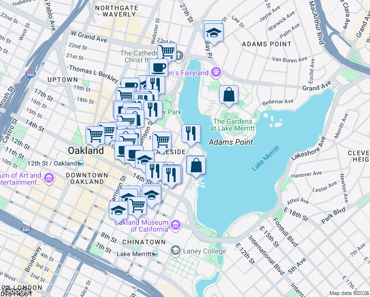 map of restaurants, bars, coffee shops, grocery stores, and more near in Oakland