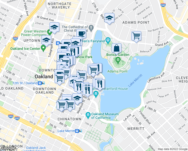 map of restaurants, bars, coffee shops, grocery stores, and more near in Oakland