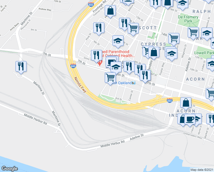 map of restaurants, bars, coffee shops, grocery stores, and more near 103 3rd Street in Alameda