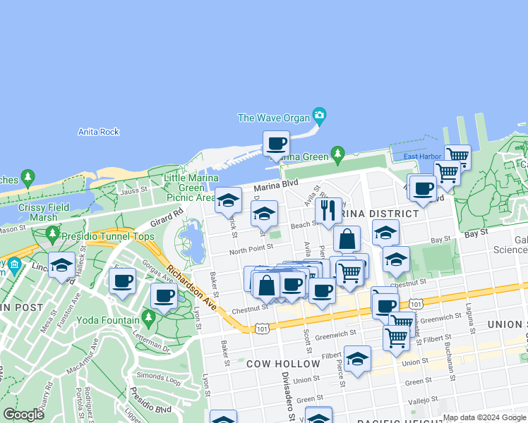 map of restaurants, bars, coffee shops, grocery stores, and more near 1895 Jefferson Street in San Francisco