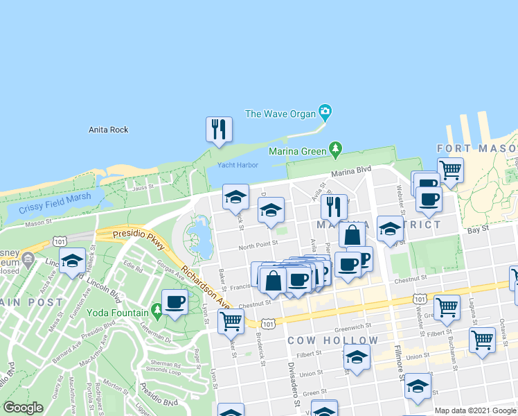 map of restaurants, bars, coffee shops, grocery stores, and more near 1895 Jefferson Street in San Francisco